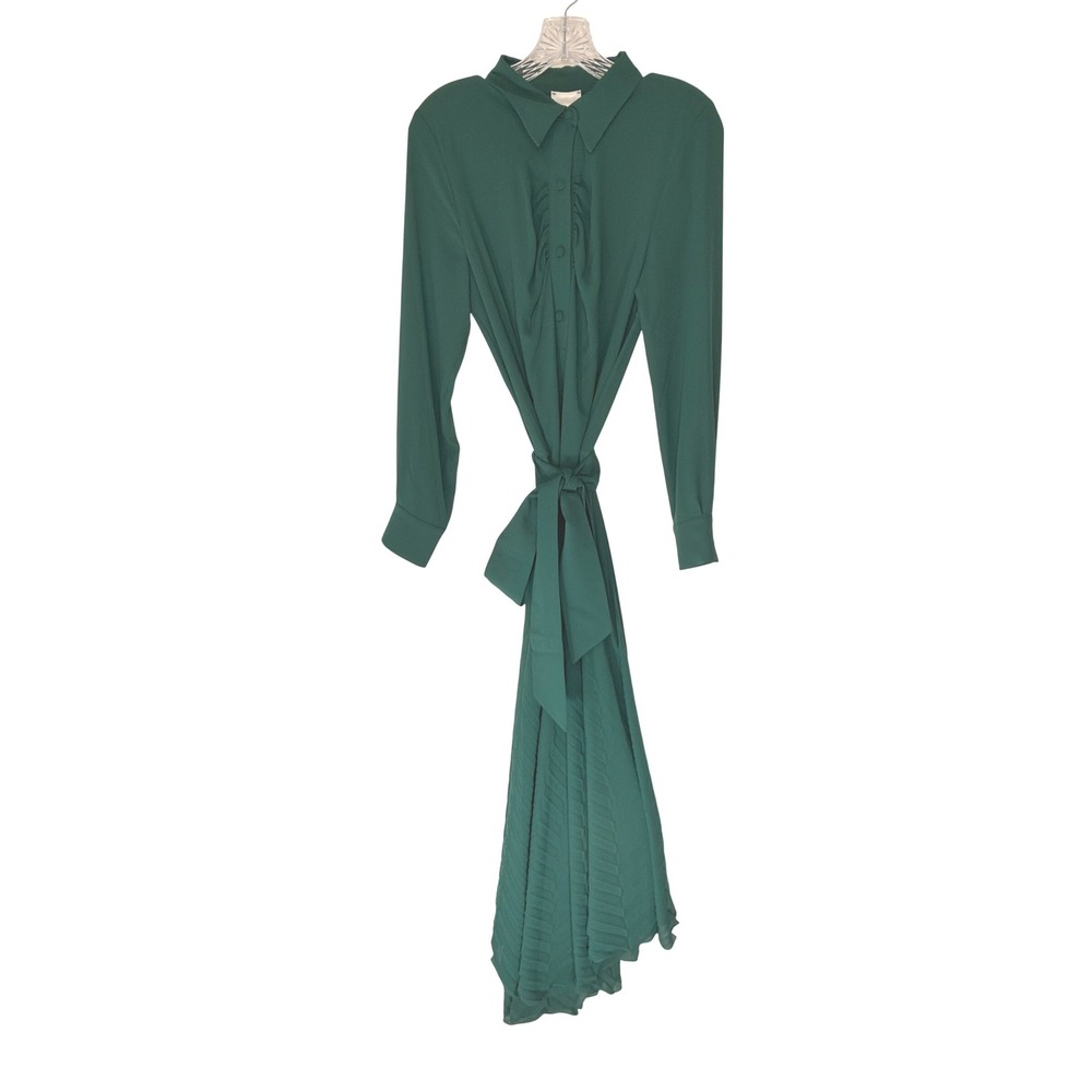 Milva Mi Shirt Dress Green Pleated Long Sleeve Belter Classy Maxi Modest Medium